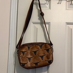 Brown Leather Crossbody Bag with Bull Print